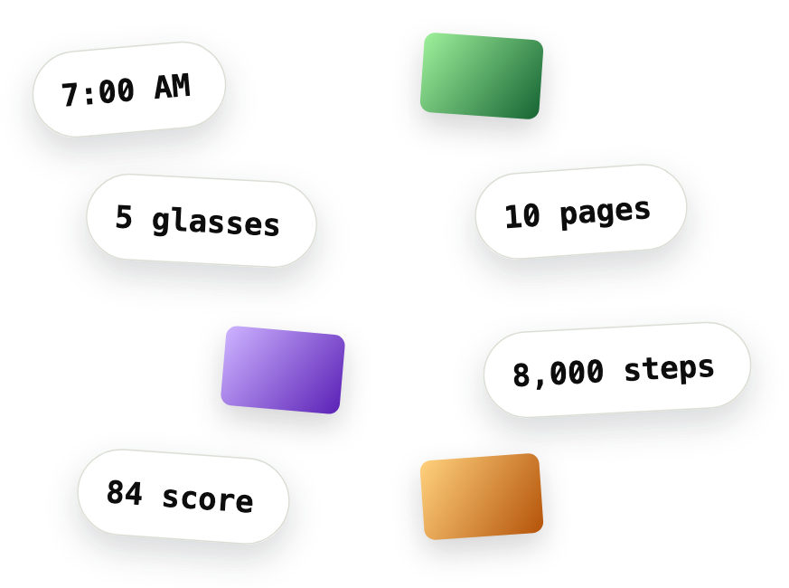 Logged values: 7:00 AM, 5 glasses, 10 pages, 8,000 steps, 84 score.