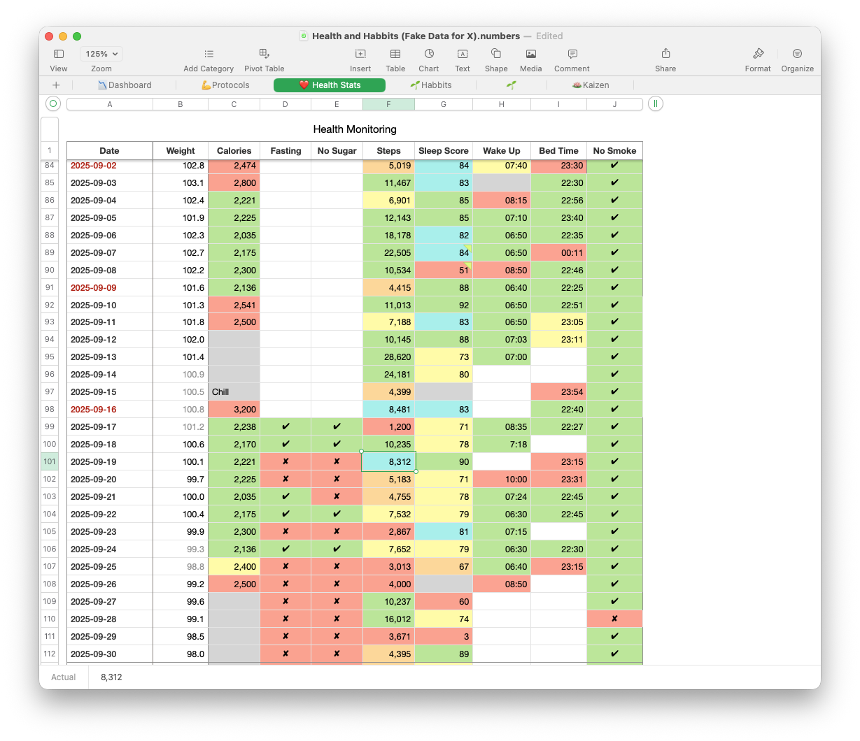 Old Excel spreadsheet tracking daily health metrics — weight, sleep, wake times.